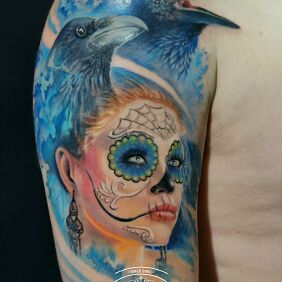 Tattoo Santa muerte on the upper arm motif: santa muerte style: realistic