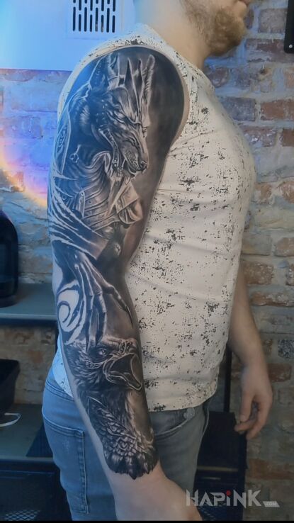 Tattoo Pół rękaw egipski in characters motif and realistic style on the forearm