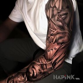 Tattoo 3 girls on the upper arm motif: faces style: realistic