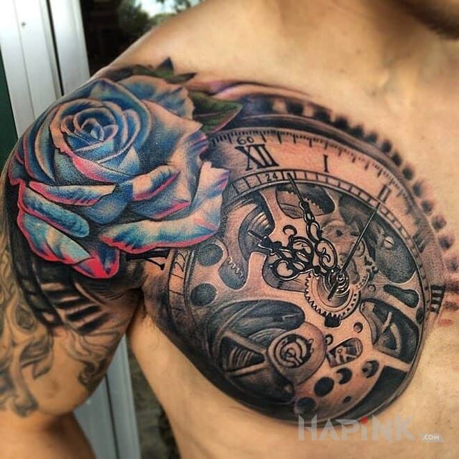 Tattoo Roza i zegar in 3D motif and realistic style on the upper arm