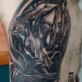 Tattoo Death with a clock on the ribs motif: demons style: realistic