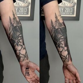 Tattoo Woman behind the fence on the forearm motif: characters style: realistic
