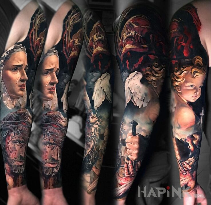 Tattoo Maryja i Jezus in 3D motif on the upper arm