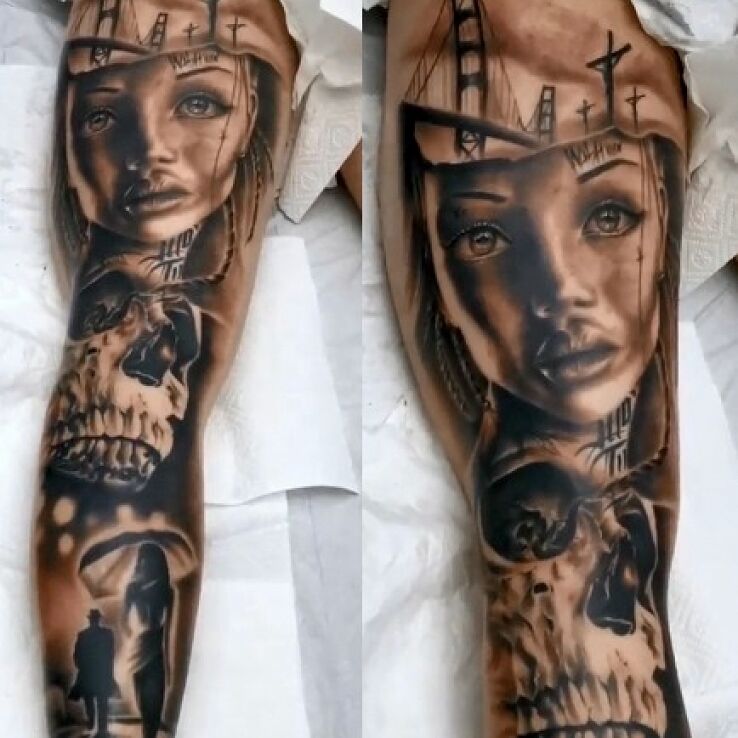 Tatuaż kolarz kobieta i czaszka w motywie rękawy i stylu realistyczne na przedramieniu