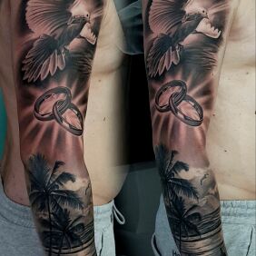 Tattoo Dove on the forearm motif: Love style: realistic