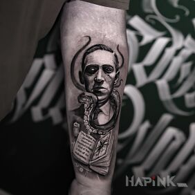 Tattoo Lovecraft part2 On the arm motif: objects style: realistic