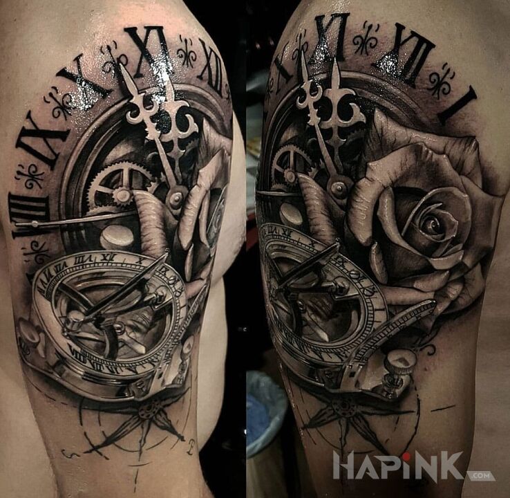 Tattoo Kompas i zegar in flowers motif and realistic style on the upper arm