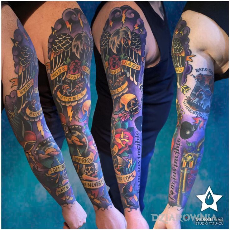 Tatuaż blue monday - color tattoo w motywie czaszki i stylu graficzne / ilustracyjne na przedramieniu