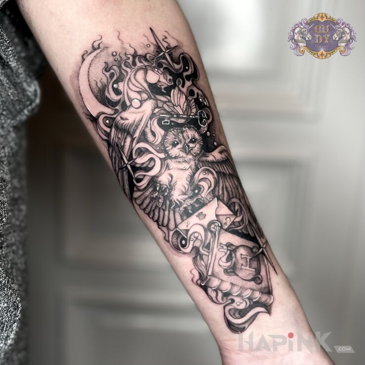 Tattoo Tatuaż z motywem Harrego Pottera na przedramię in black and gray motif and graphic / illustrative style on the forearm