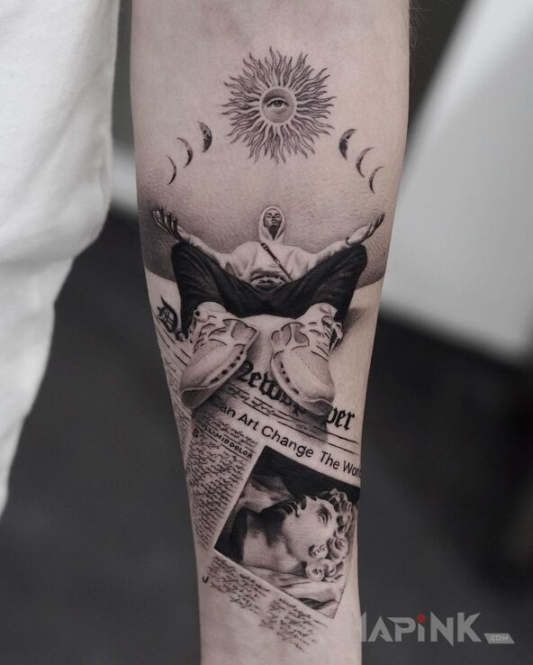 Tattoo Na streecie in characters motif and realistic style on the forearm
