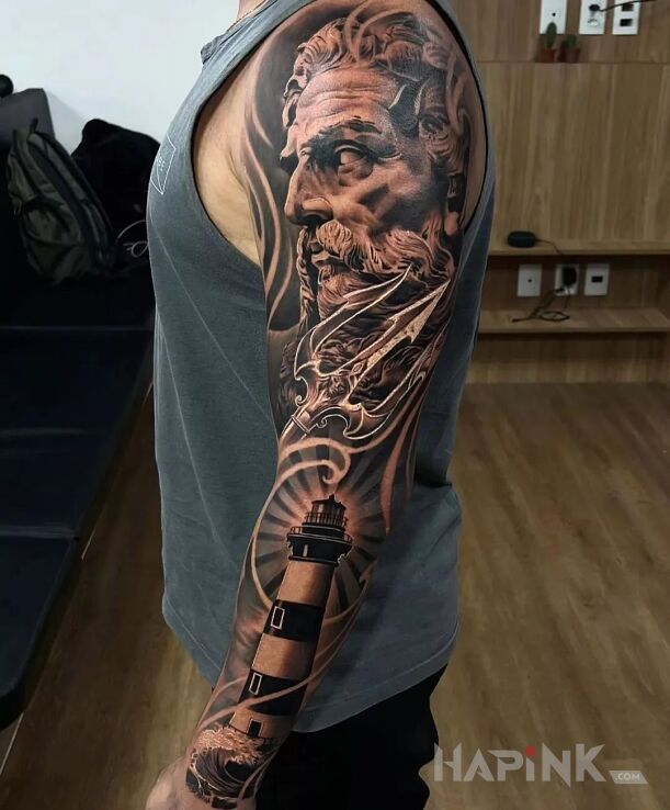 Tattoo Posejdone in faces motif and realistic style on the forearm
