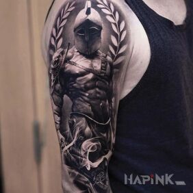 Tattoo Spartan Warrior On the arm motif: black and gray style: realistic