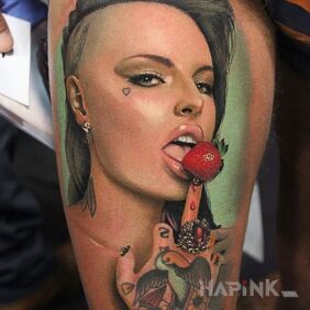 Tattoo Portrait on the leg motif: 3D style: realistic