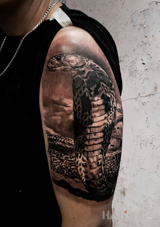 Tattoo Kobra in 3D motif and realistic style on the upper arm