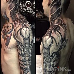Tattoo Terminator on the head motif: sleeves style: biomechanics
