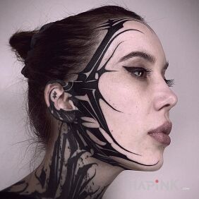 Tattoo Resembles cyberpunk on the neck motif: black and gray style: blackwork / blackout