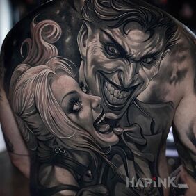 Tattoo Joker and Harley Quinn on the shoulder blades motif: faces style: graphic / illustrative