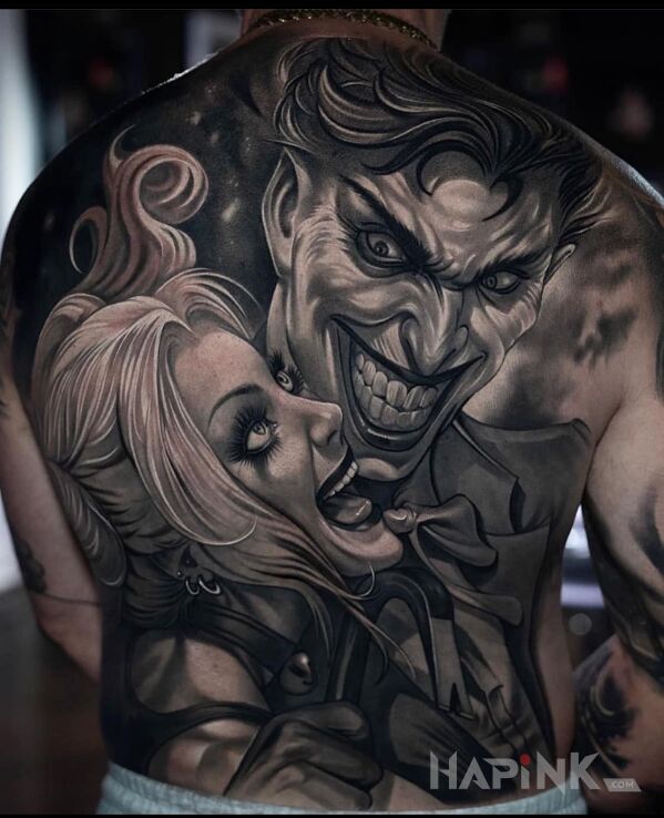Tattoo Joker i Harley Quinn in characters motif and cartoon / comic book style on the back