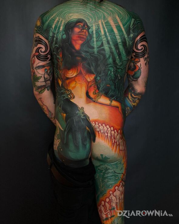 Tatuaż wielka bogini w motywie mroczne i stylu newschool na plecach