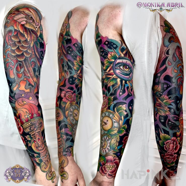 Tattoo Neotradycyjny rękaw + cover in dark motif and newschool style On the arm