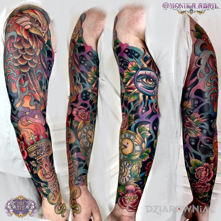 Tatuaż neotradycyjny rękaw  cover w motywie demony i stylu graficzne / ilustracyjne na łokciu
