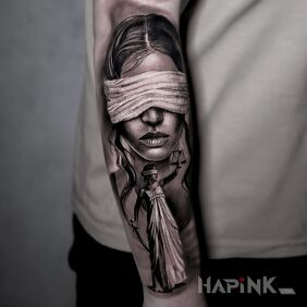 Tattoo Themis On the arm motif: black and gray style: realistic