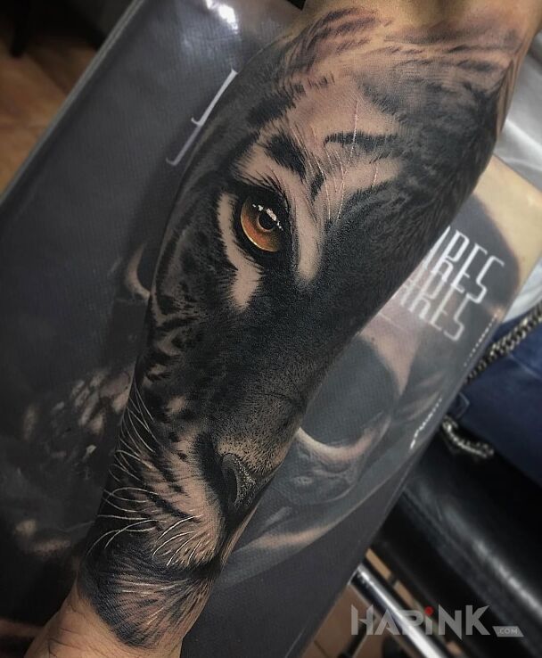 Tattoo Tiger in 3D motif and realistic style on the forearm