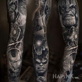 Tattoo Thanos or Avengers? On the arm motif: faces style: realistic