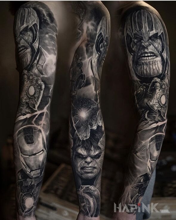 Tattoo Thanos czy Avengersi? in characters motif and realistic style on the forearm