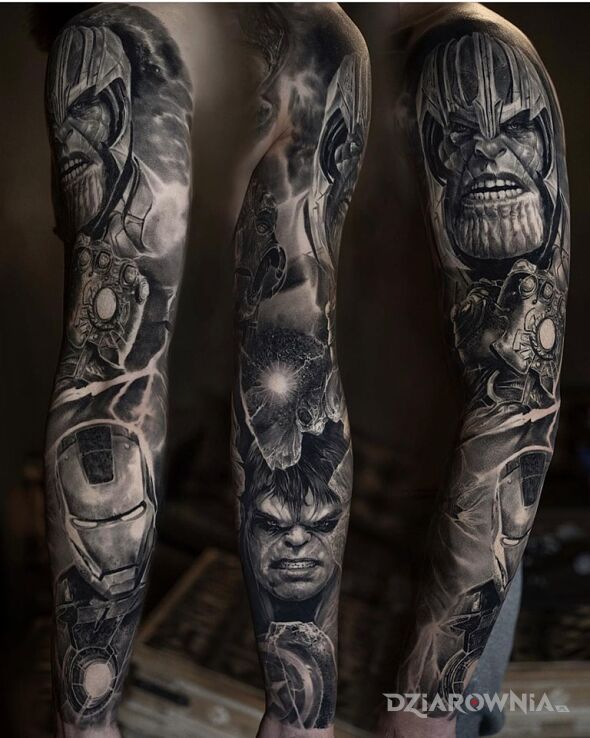 Tatuaż thanos czy avengersi w motywie 3D i stylu realistyczne na ramieniu
