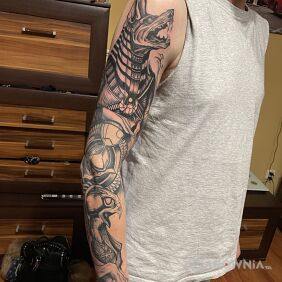 Tatuaż Anubis i Horus na przedramieniu motyw: mroczne styl: blackwork / blackout