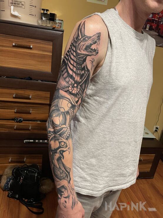 Tattoo Anubis i Horus in characters motif and blackwork / blackout style on the forearm
