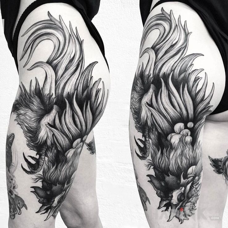 Tattoo Kogut in animals motif on the buttocks