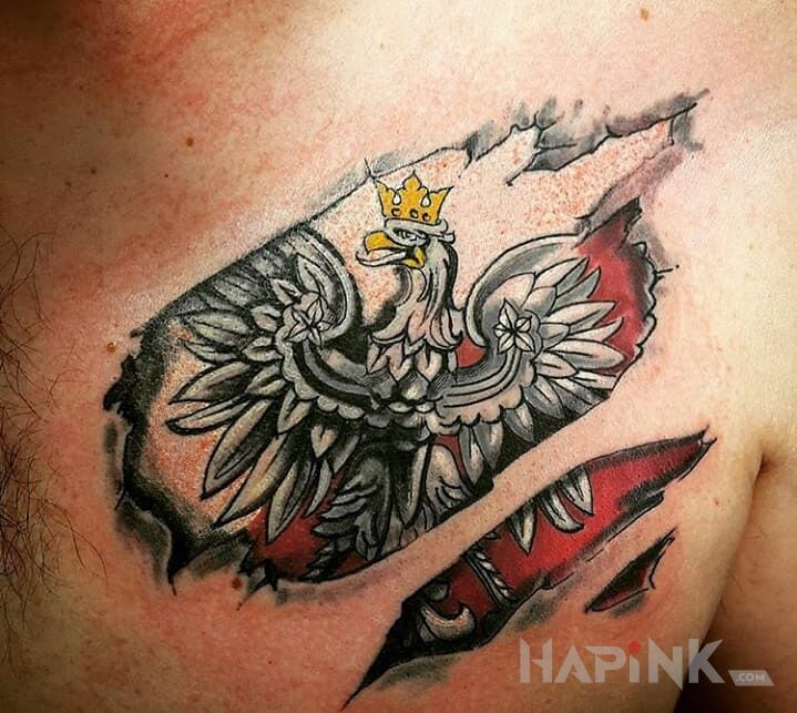 Tattoo Ojczyzna pod skórą in patriotic motif on the chest