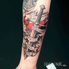Tattoo God honor homeland on the forearm motif: objects style: realistic
