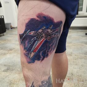 Tattoo Star Wars on the thigh motif: colorful style: realistic
