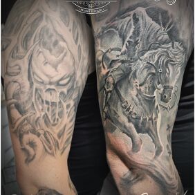 Tattoo Dark knight cover on the upper arm motif: fantasy style: realistic