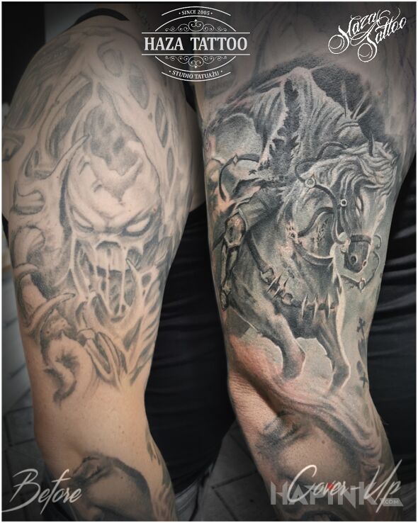 Tattoo Dark knight cover in dark motif and realistic style on the upper arm