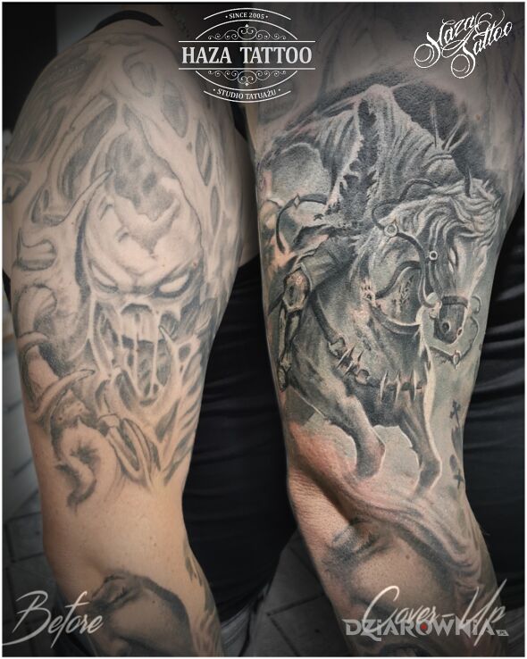 Tatuaż cover mroczny rycerz w motywie anioły i stylu realistyczne na ramieniu