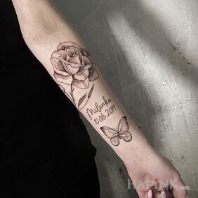 Tattoo Commemorative composition on the forearm motif: butterflies style: graphic / illustrative