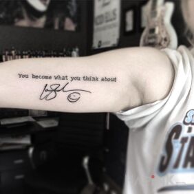Tattoo You become what you think about on the upper arm motif: lettering