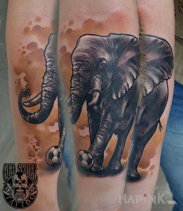 Tattoo Słoń in colorful motif and realistic style On the arm