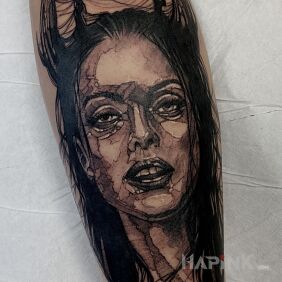 Tattoo Witch on the leg motif: demons style: graphic / illustrative
