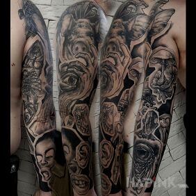 Tattoo Evil on the bicep motif: faces style: surrealistic
