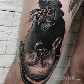 Tattoo Dr Plague on the leg motif: demons style: graphic / illustrative