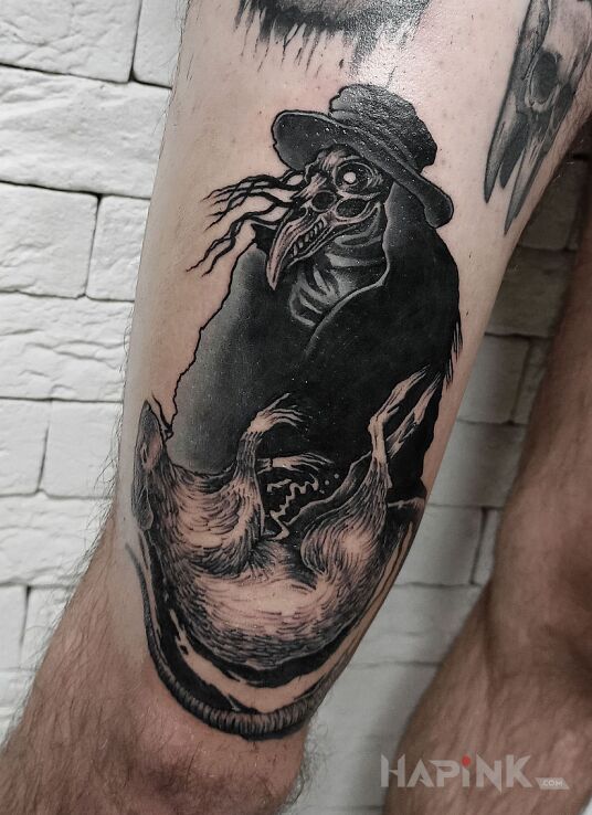 Tattoo Dr Plague in characters motif and graphic / illustrative style on the thigh