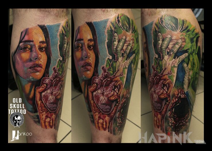 Tattoo Łydka in faces motif and realistic style on the calf