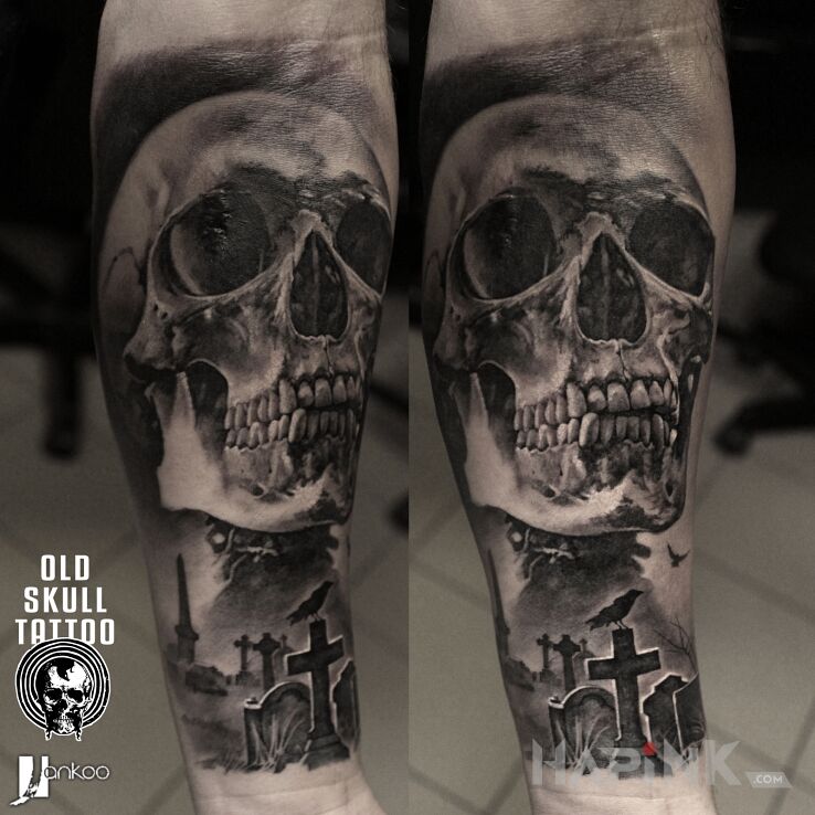 Tattoo Skull in skulls motif and realistic style on the forearm