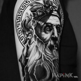 Tattoo "God of the Seas: Neptune" On the arm motif: black and gray style: graphic / illustrative