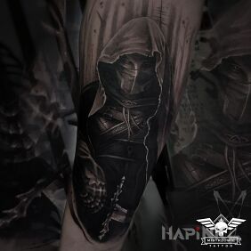 Tattoo Warrior on the forearm motif: black and gray style: realistic